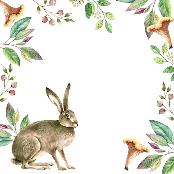 Grå kanin i en ram från växter, akvarell illustration — Stockfoto