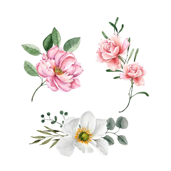 Conjunto Buquês Com Flores Rosa Branco Ilustração Aquarela Sobre Fundo — Fotografia de Stock