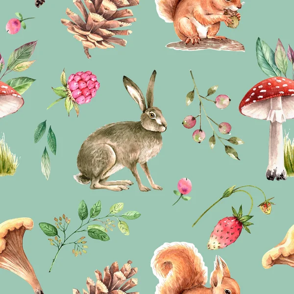 Pattern Watercolor Illustrations Forest Animals Mushrooms Plants Blue Background — Stock Photo, Image