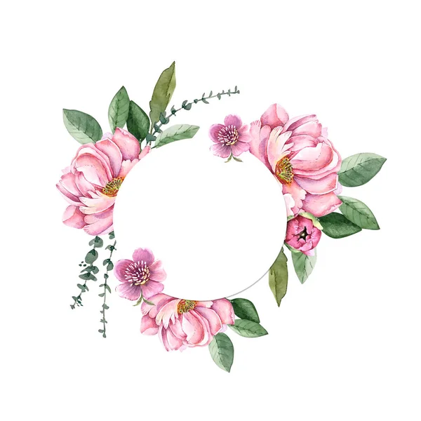 Quadro Flores Rosa Com Plantas Ilustração Aquarela Fundo Branco — Fotografia de Stock