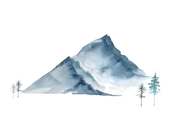 白い背景に青い山 水彩画のクローズアップイラスト — ストック写真