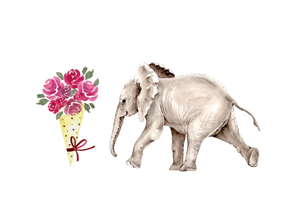 Grauer Elefant Mit Einem Strauß Rosa Blumen Aquarell Illustration Auf — Stockfoto