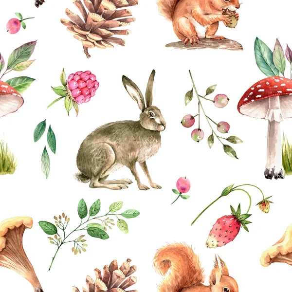 Pattern Watercolor Illustrations Forest Animals Mushrooms Plants — Stock Photo, Image