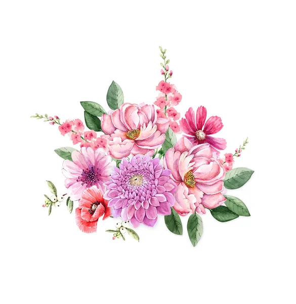 粉红花朵花束水彩画白色背景特写特写 — 图库照片