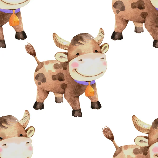 Seamless texture of cute funny brown bull, watercolor illustration. symbol of the new year