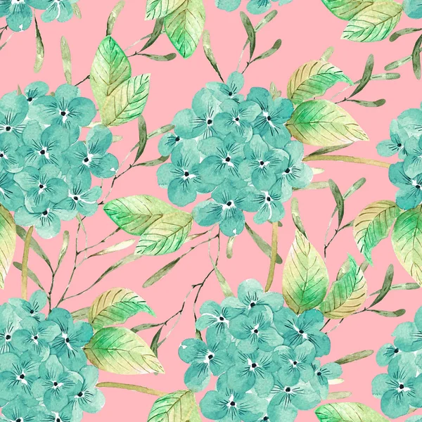 ピンクの背景に繊細な青アジサイの模様 花の花束 水彩画のイラストを閉じる — ストック写真
