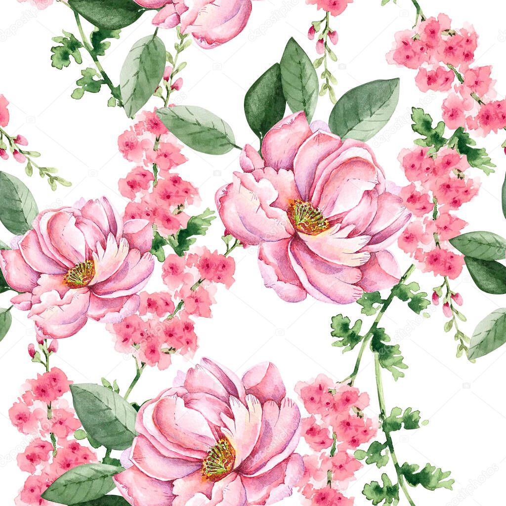 pattern of delicate pink  watercolor flowers. bouquets of flowers on a white background close-up