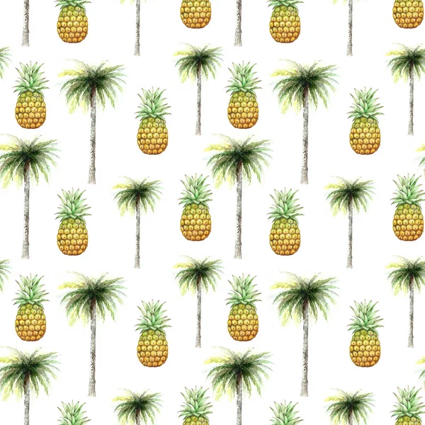 Mönster Akvarell Illustrationer Tropiska Frukter Ananas Och Palm Vit Bakgrund — Stockfoto