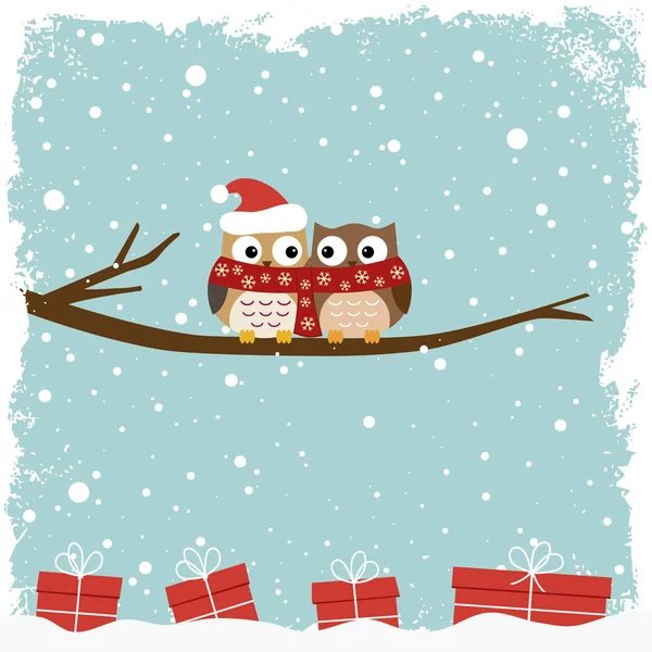 Winter card with two owls and collection of gift boxes — Stock Vector