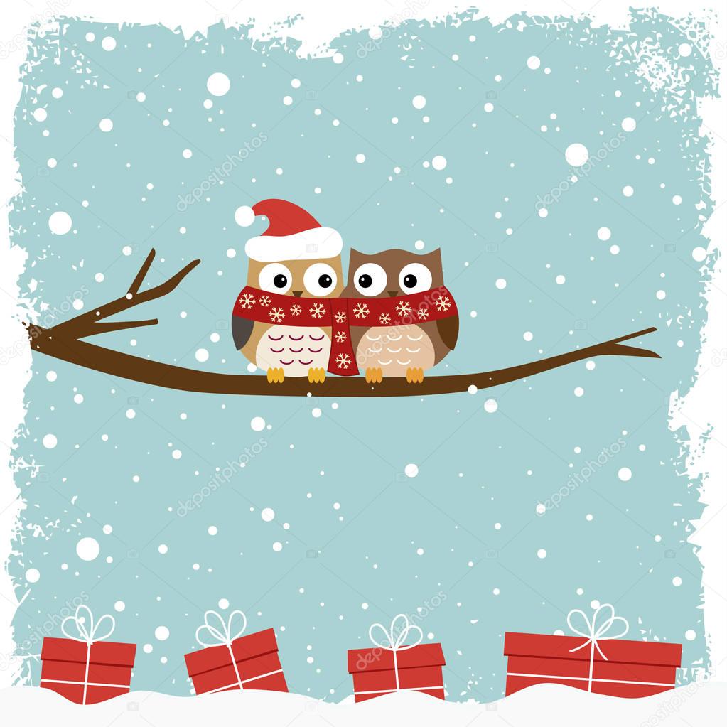 Winter card with two owls and collection of gift boxes