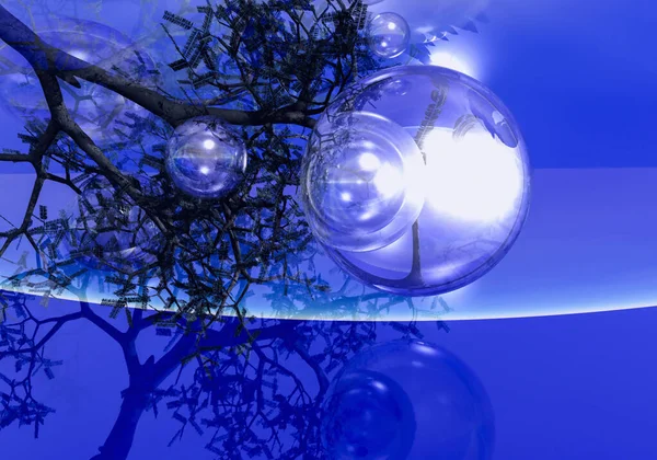 バブルとデザインのための枝を持つ抽象的なテクスチャブルーシーンの3D画像 — ストック写真
