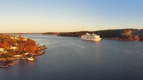 Énorme Paquebot Passe Jour Été Ensoleillé Fond Rivages Colorés Automne — Video