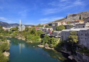 Mostar, Bosna tarihi şehir manzaralı görünüm