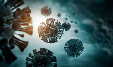 Virüs hücrelerine ya da bakterilere yakın çekim. Grip, mikroskop altında bir virüsün görüntüsü.