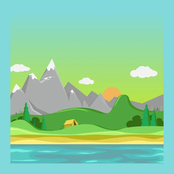 Paisaje primavera. Vacaciones en la tienda. Camping y senderismo. Ilustración vectorial en estilo de diseño plano . — Archivo Imágenes Vectoriales