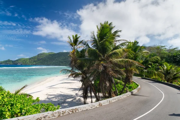 Korálové pláže mezi palmami podél silnice. Seychelle — Stock fotografie
