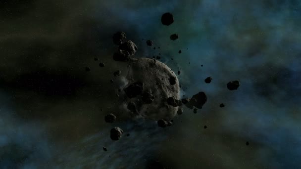 Астероїд подорожує в космосі з камерою, що перетинається біля нього в 4k якості 3d анімації — стокове відео