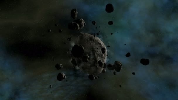 宇宙 - 4 k 品質 3 d アニメーションで遅いカメラ フライ トラフを旅する小惑星 — ストック動画