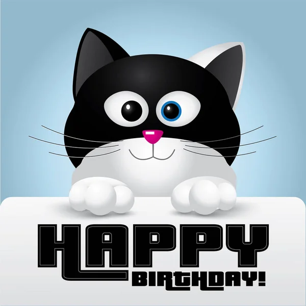 Gato blanco y negro sosteniendo una tarjeta de felicitación feliz cumpleaños - ilustración vectorial lindo — Archivo Imágenes Vectoriales