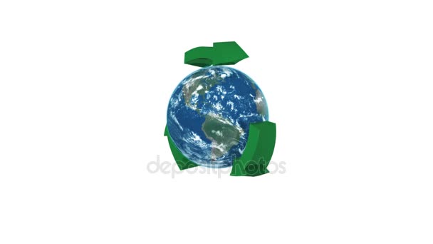 Jorden Återvinning Vit Bakgrund Med Gröna Pilar Snurrar Runt Den — Stockvideo