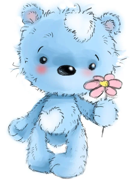 Lindo personaje de oso de peluche de pie con flor, jugando, ilustración de dibujos animados aislados sobre fondo blanco . —  Fotos de Stock