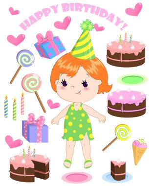 Vektör doğum günü çizgi film parti öğeleri ve sevimli bir kız.