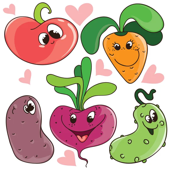 Komik tatlı vektör karikatür sebze ile gülümseyen yüzler için etiketleri veya çocuklar tasarım kümesi