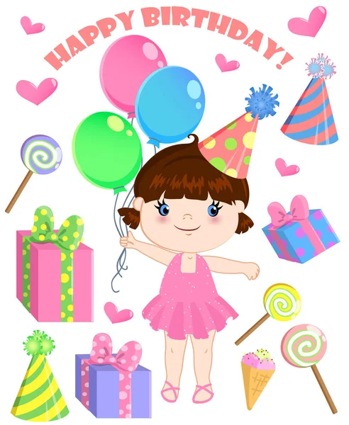 Set of vector birthday cartoon party elements and a cute girl. — Stock Vector