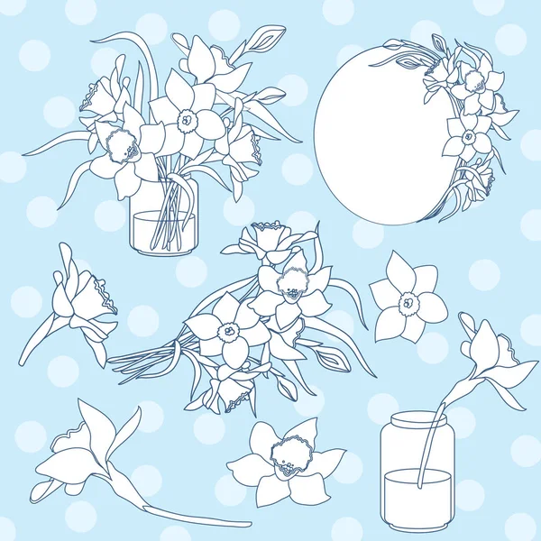 黑白墨水隔离矢量剪贴画集春季水仙花的插图 — 图库矢量图片