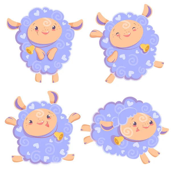 Vektör çizim clipart set çocuklar ve bebekler baskı ve tekstil tasarımı, duvar tasarımı, çıkartmalar, sanat için bell ile kalan atlama koşma dans şirin pembe kız koyun