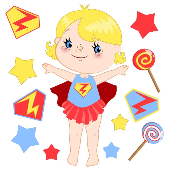 Aranyos rajzfilm superhero lány vektoros clip art készlet. — Stock Vector