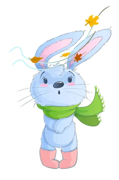 Beyaz arka plan üzerinde izole Rüzgar çizgi film altında vektör suluboya stil bunny ile sonbahar yaprakları