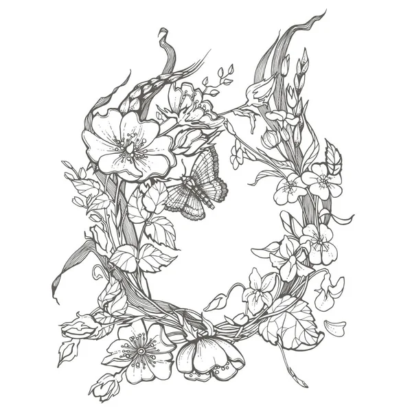 Wilde hond rose bloemen frame contour inkt volwassen kleurplaat tekening vector clipart op witte achtergrond. — Stockvector