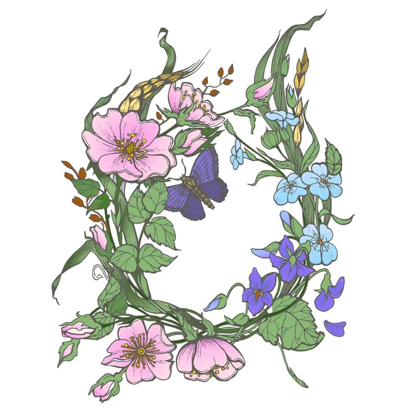 Wildrose hond Bloemenlijst met vlinder tekening vector clipart op witte achtergrond. — Stockvector