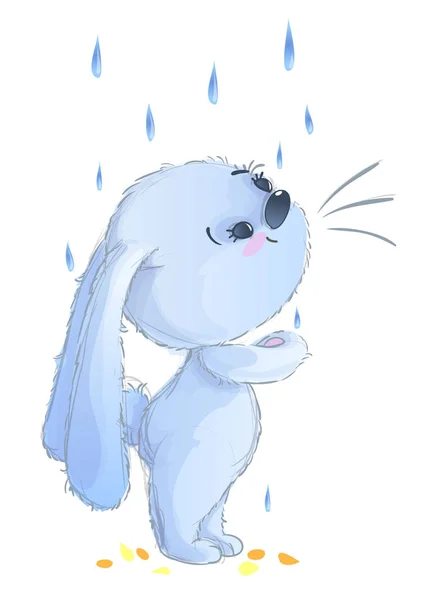 Beyaz arka plan üzerinde izole yağmur karikatür altında mutlu bunny ile sonbahar yaprakları