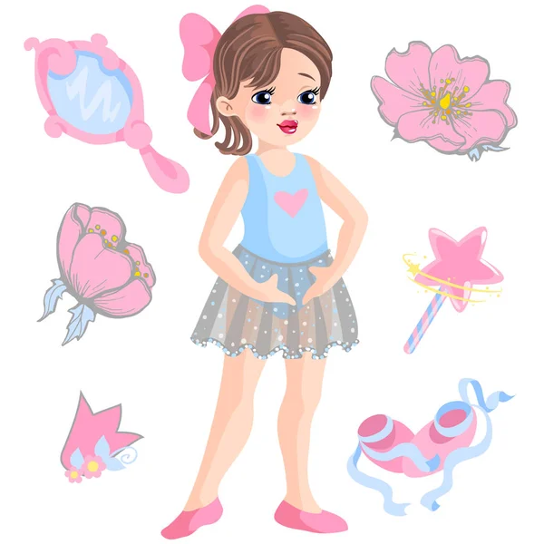Vector illustration of little ballerina and other related items magic wand, star, glitters, flower of rose, mirror, crown, tiara. — Stock Vector