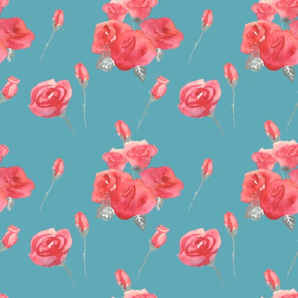 Růže květiny a poupata růžová modrá vintage vzor bezešvé pozadí — Stock fotografie