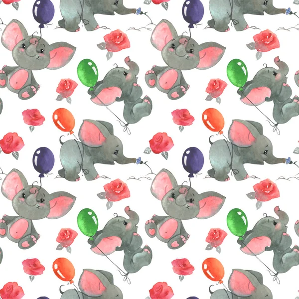 Gül çiçek ve tomurcukları baloons Dikişsiz desen arka plan ile şirin Filler ile