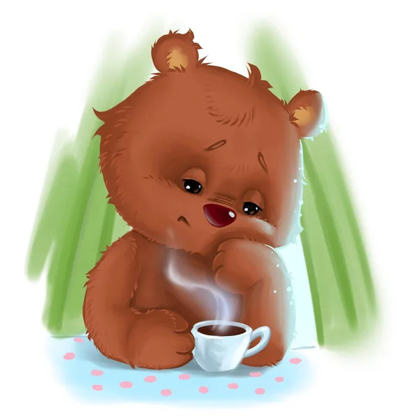 Bear mother tired sitting with morning coffe. — ストック写真