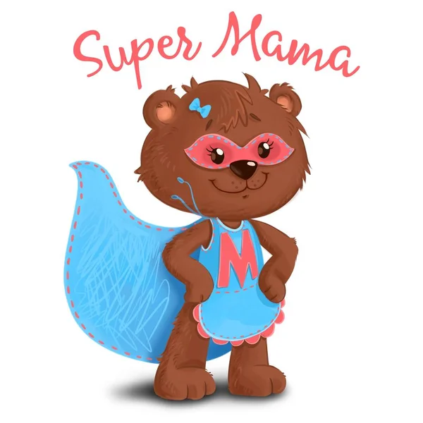 Αρκούδα μητέρα Supemom superhero σε ένα μπλε φόρεμα. — Φωτογραφία Αρχείου