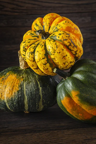 Pilha Squash Inverno Cima Outro Contra Fundo Madeira Escura — Fotografia de Stock