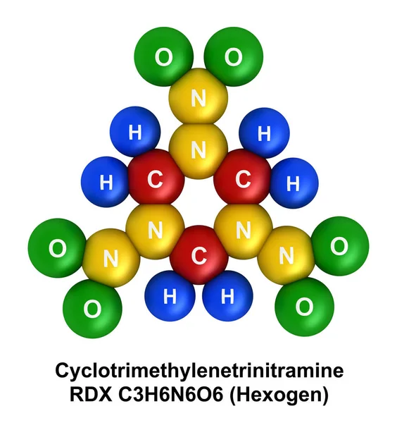 Cyclotrimethylenetrinitramine moleküler yapısının 3D render — Stok fotoğraf