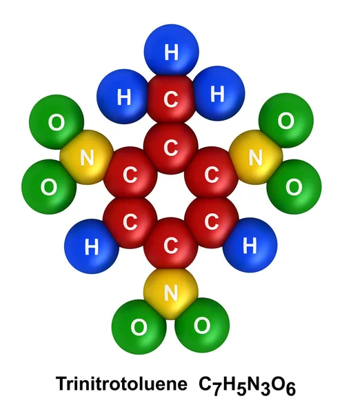 3d rendu de la structure moléculaire du trinitrotoluène — Photo