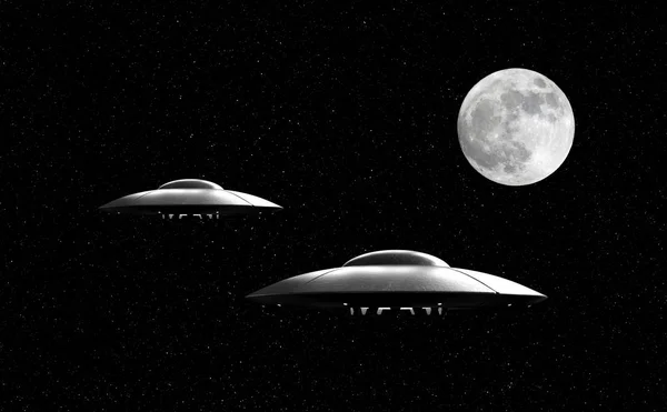 Flying saucer over stars background and moon — Stock Photo, Image