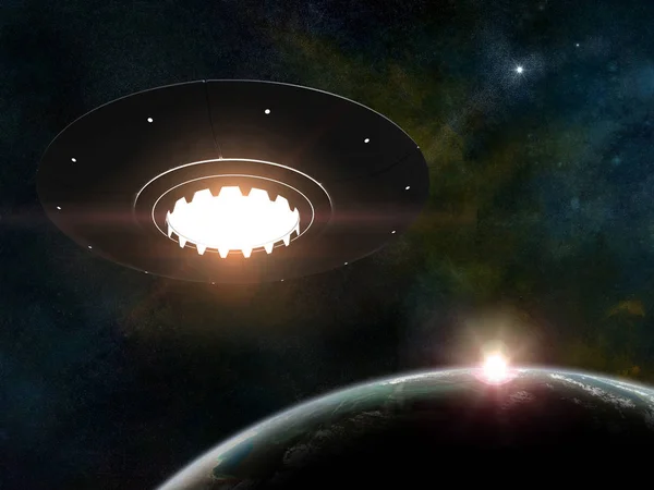 Létající talíř přes pozadí hvězdy a planety — Stock fotografie