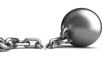 Klasik metalik bir topun 3 boyutlu görüntüsü ve beyaz arkaplanda kırık bir zincir.