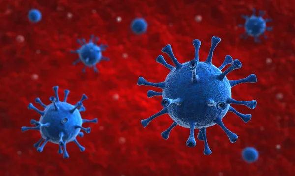 抽象的な赤の背景にコロナウイルスの3Dレンダリング — ストック写真