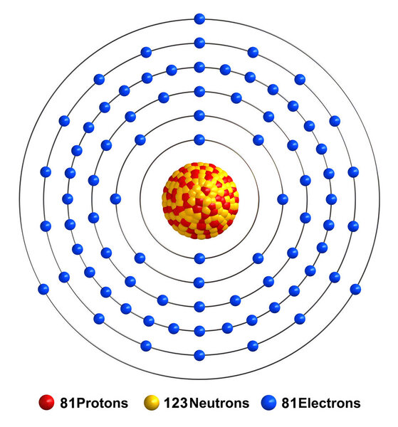 3d render of atom structure of thallium isolated over white backgroun