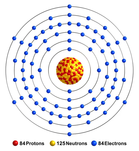 Трехмерный Рендеринг Структуры Атома Полония Изолирован Над Белой Спинкой — стоковое фото