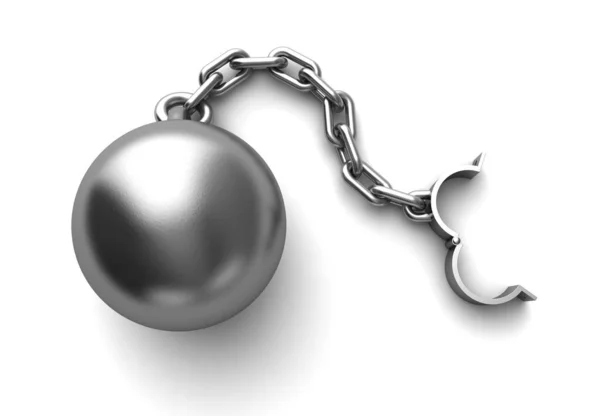 老式金属球和铁链的3D渲染 白底上有一个开放的镣铐 — 图库照片